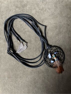 Boho Black Dreamcatcher Necklace or purse charm on  black leather lace w/silver